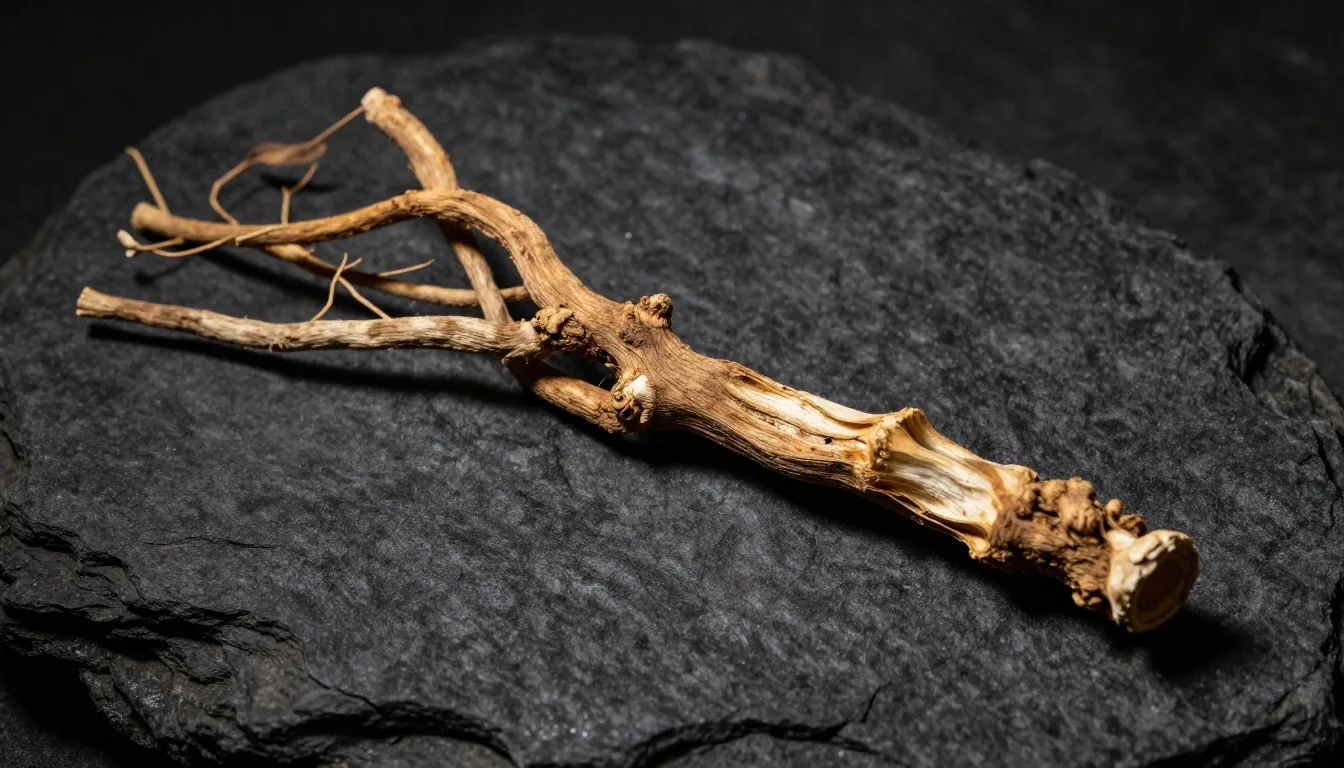 A single botanical root specimen lit under a warm spotlight on a dark surface