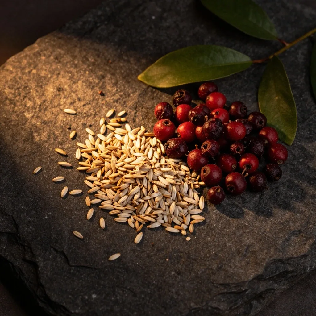 Dried seed pods and capsules on a dark surface under warm light