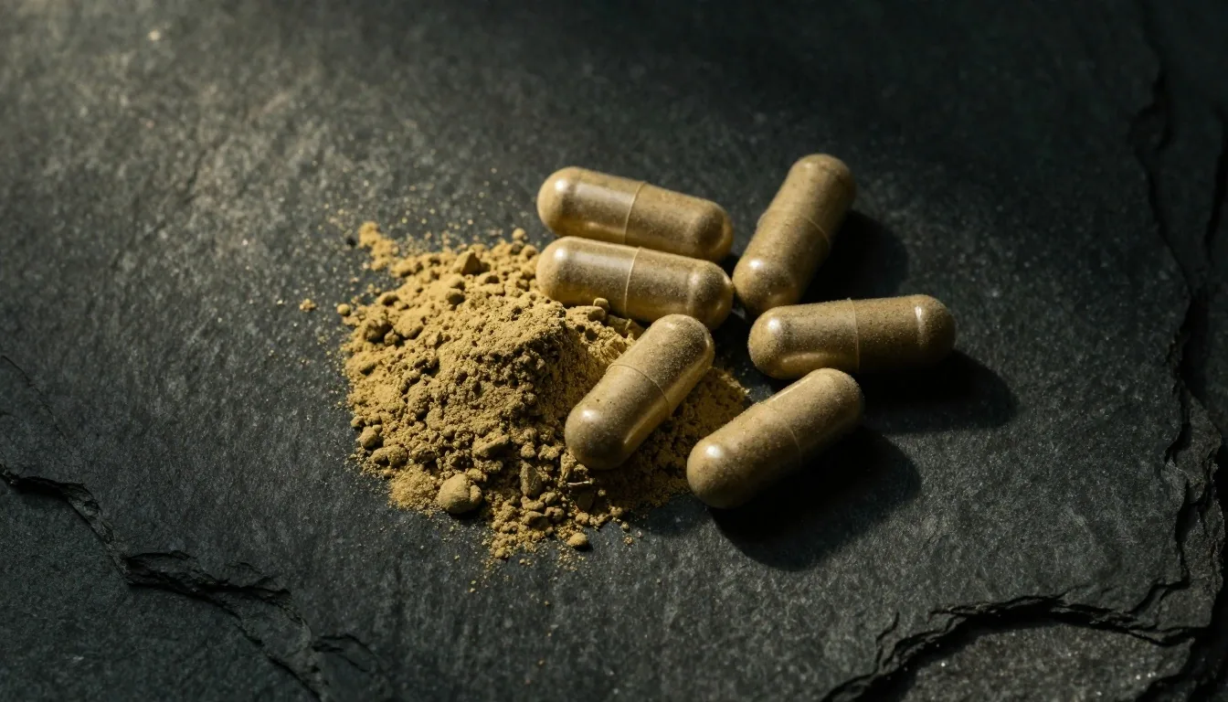 Natural supplement capsules and botanical powder arranged on a dark surface