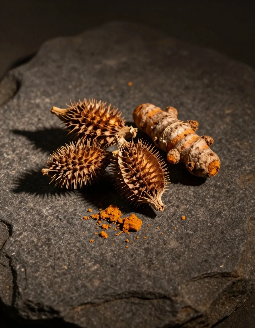 Botanical specimens on dark surface