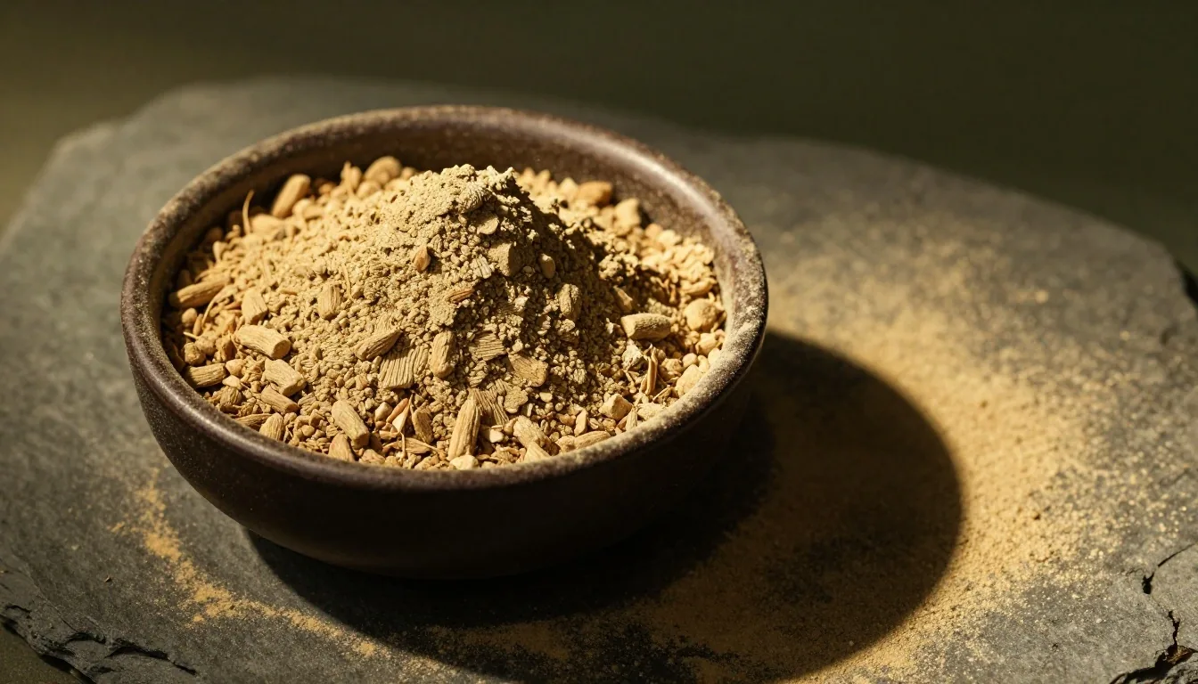 Ashwagandha root powder in a dark bowl