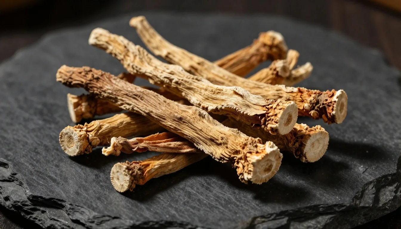 Dried ginseng root on a dark surface under warm light