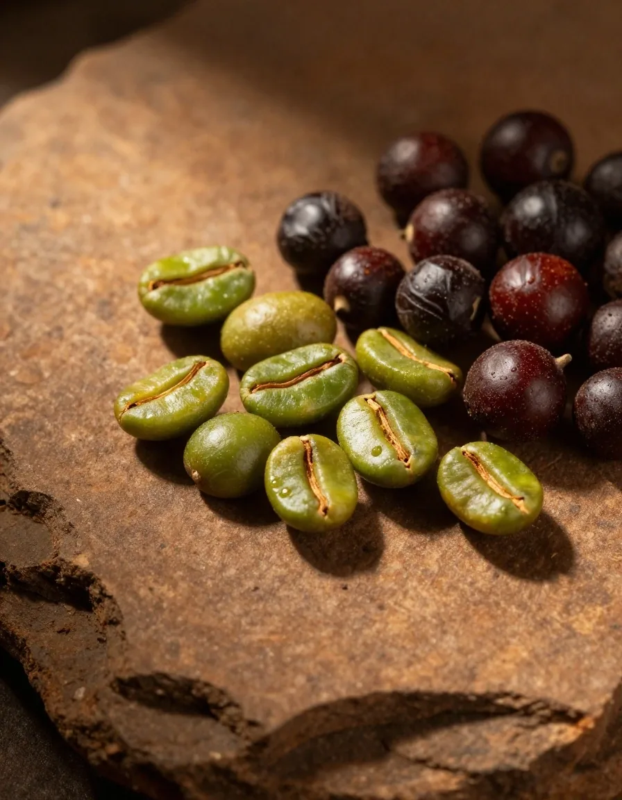 Green coffee beans and guarana seeds on a dark surface
