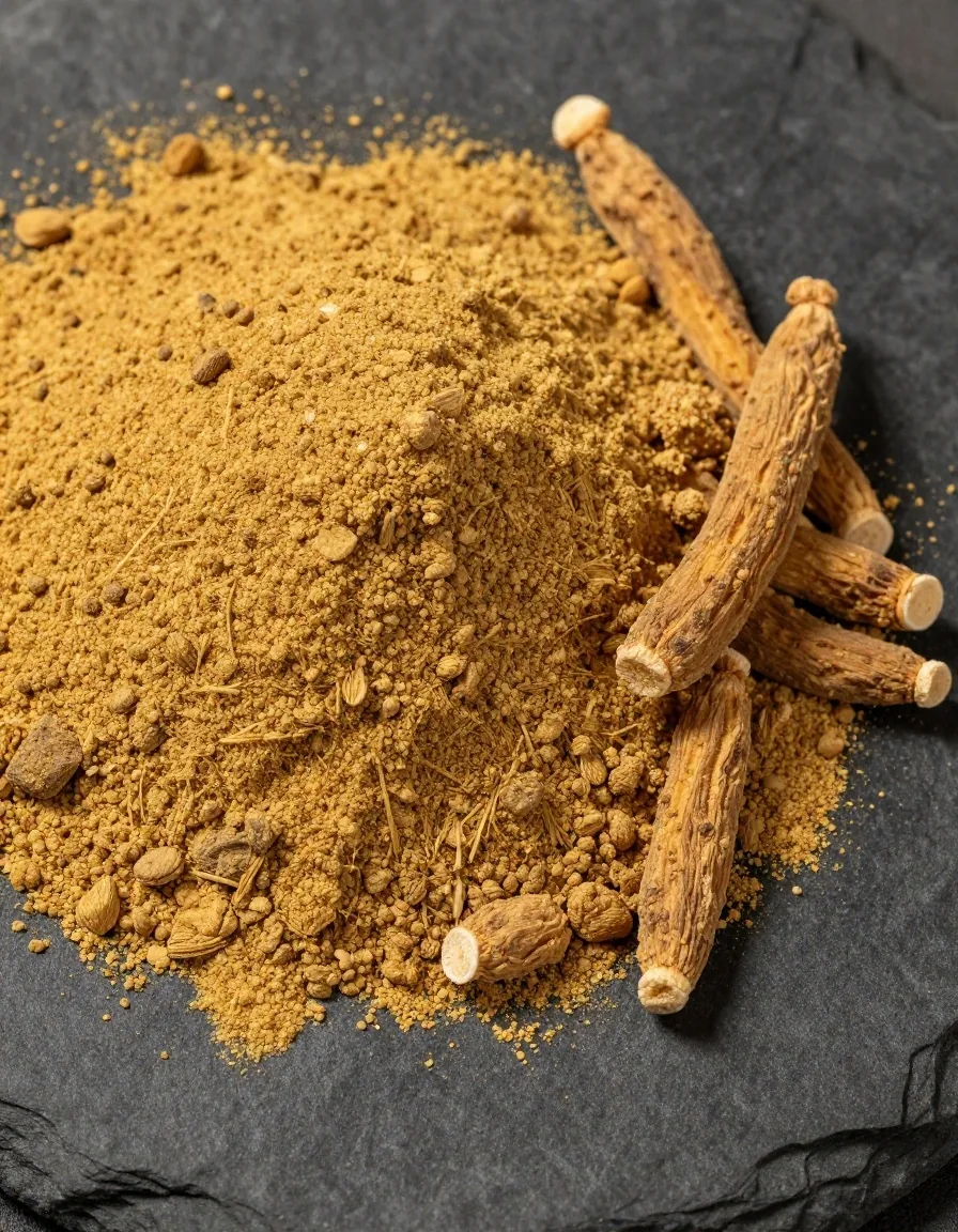 Maca root and zinc capsules on a dark surface
