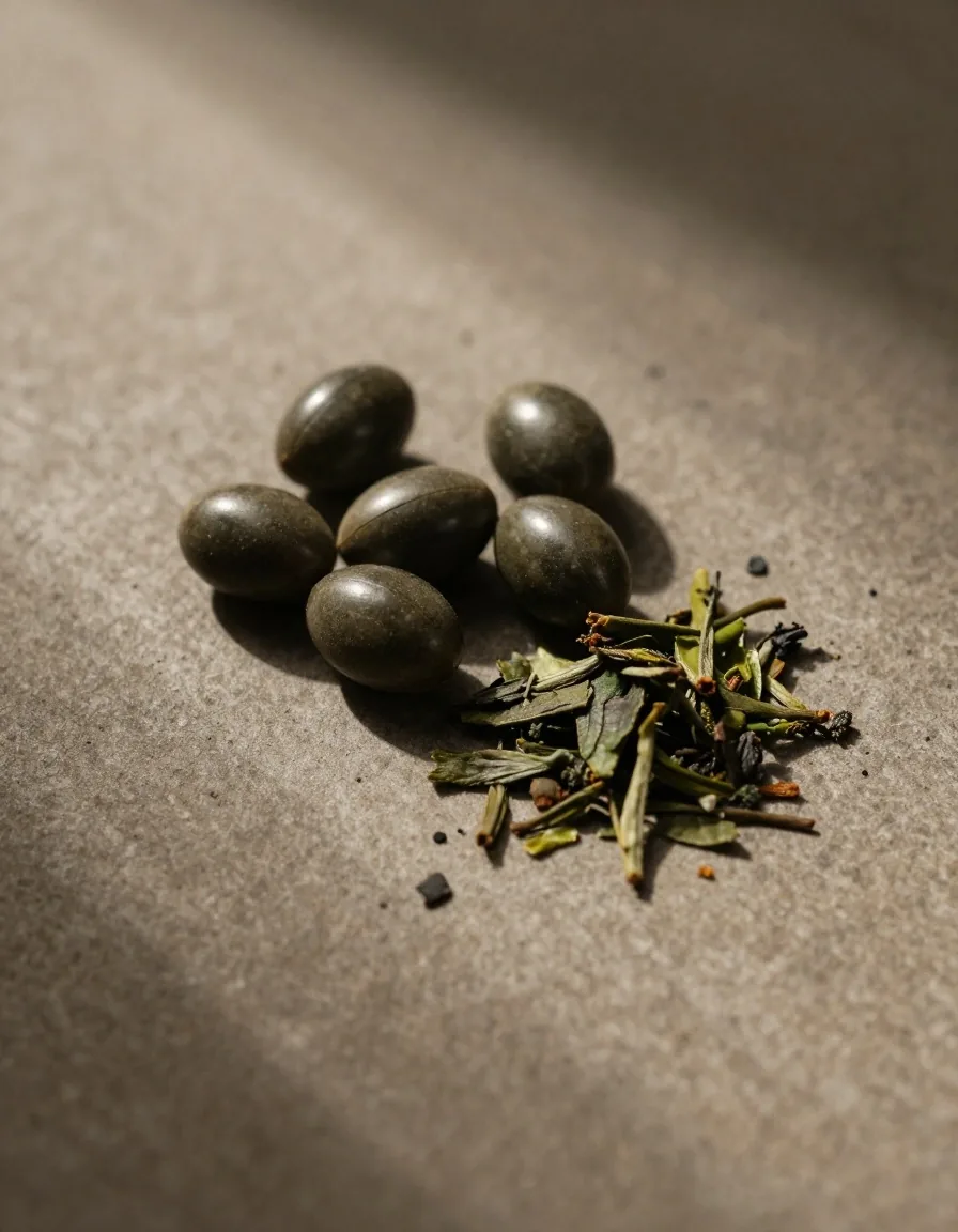 Supplement capsules and green tea on a dark surface
