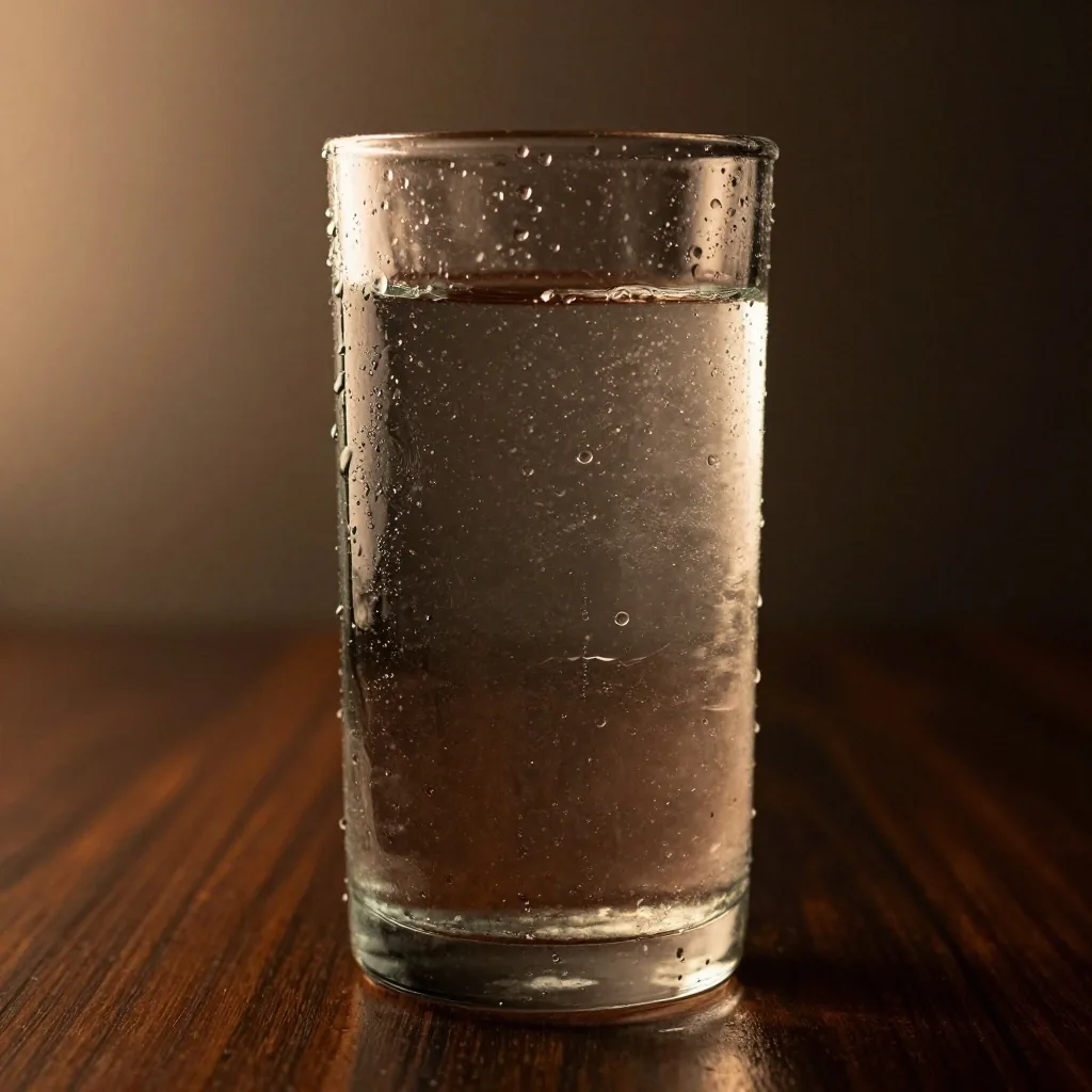 A glass of water with condensation on a dark wooden surface