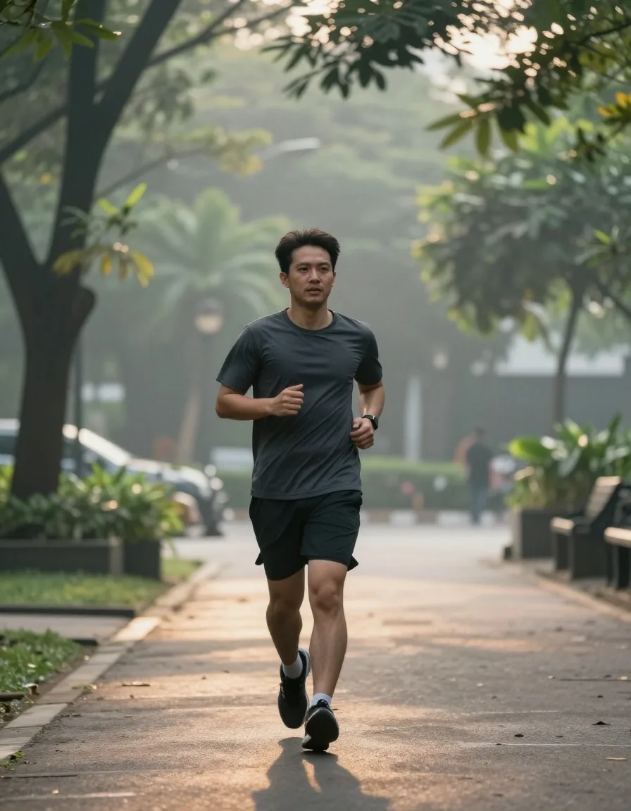 A man walking outdoors in Jakarta in the early morning