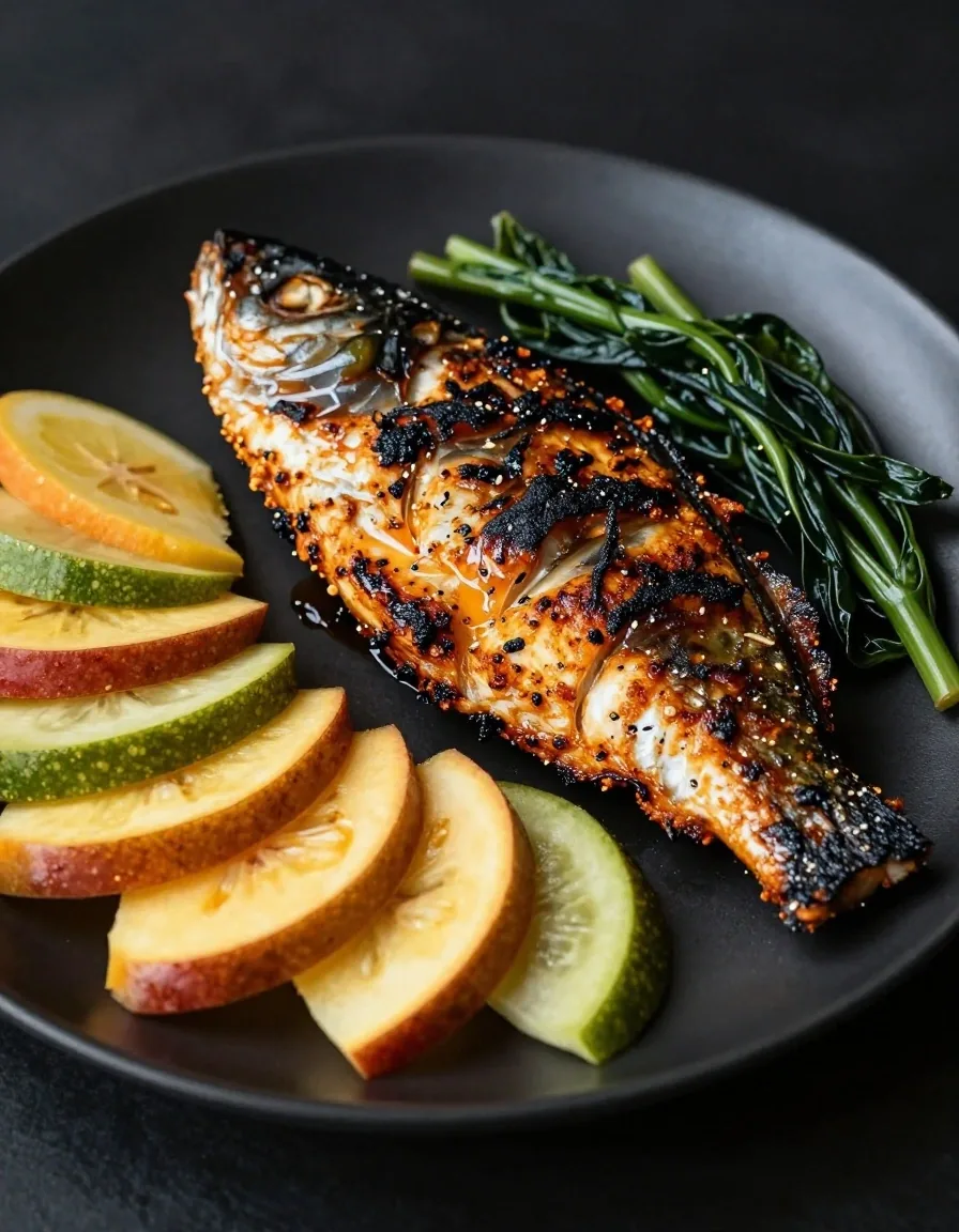 Grilled fish with tempeh, fresh greens, and tropical fruit on a dark plate