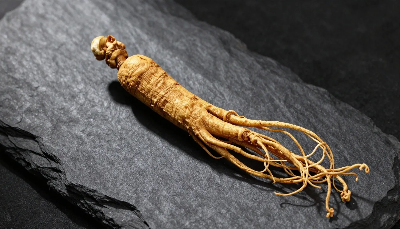 Botanical specimen — ginseng root on a dark surface under warm light