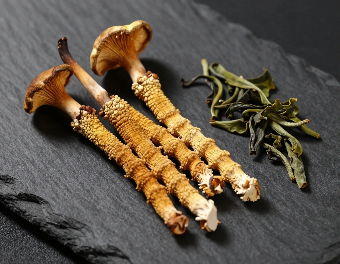 Cordyceps mushroom and green tea leaves as a botanical specimen