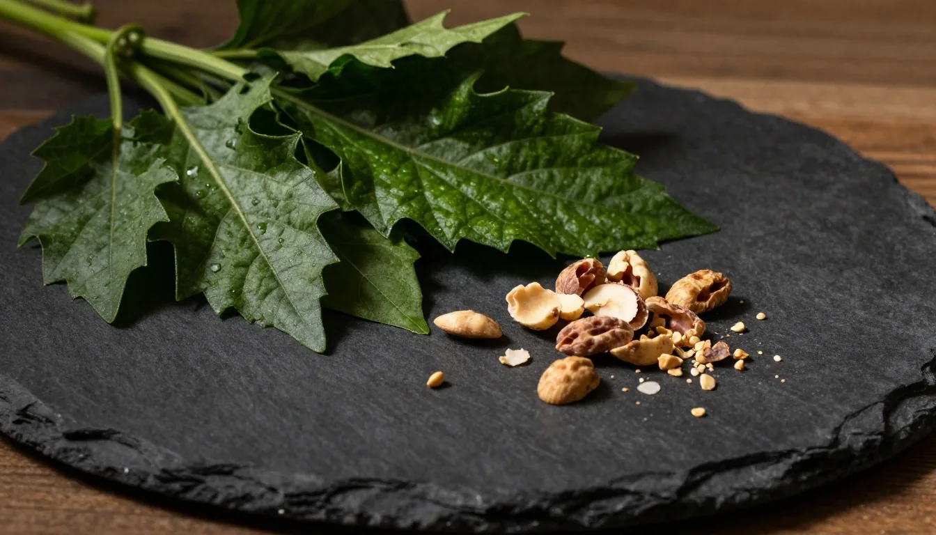 Mineral crystals and leafy greens on a dark surface