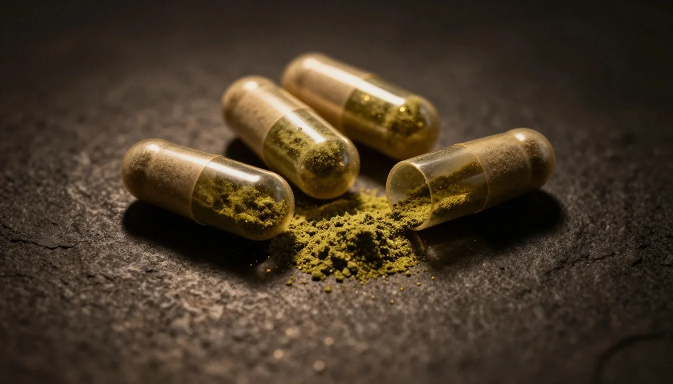 Botanical capsules under warm directional light on a dark surface