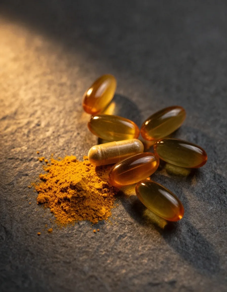 Capsules and softgels arranged on a dark surface