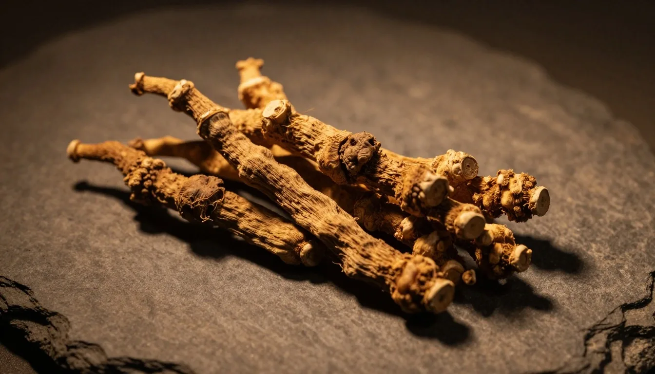 Botanical specimen on a dark surface under warm light