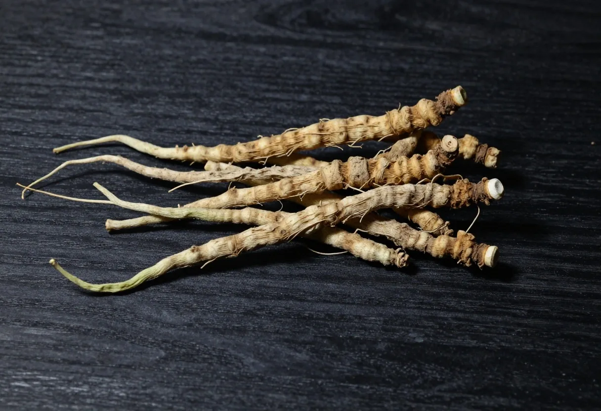 Botanical specimen under warm spotlight on dark surface