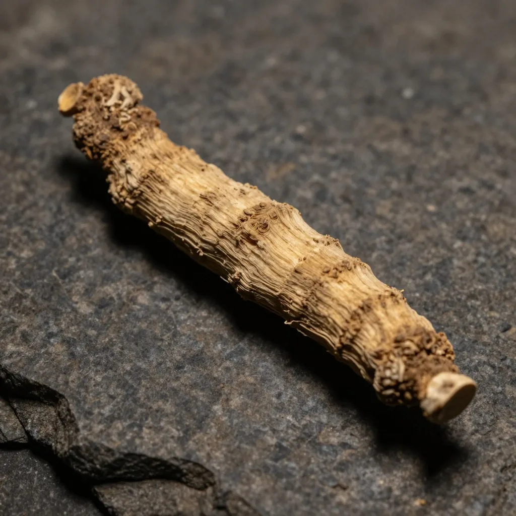 Dried botanical root on dark surface